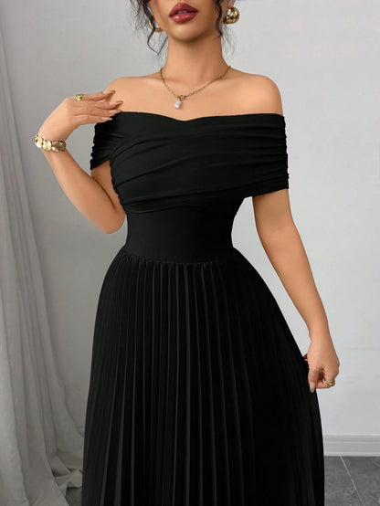 Off Shoulder Pleated Waist Elegant Dress