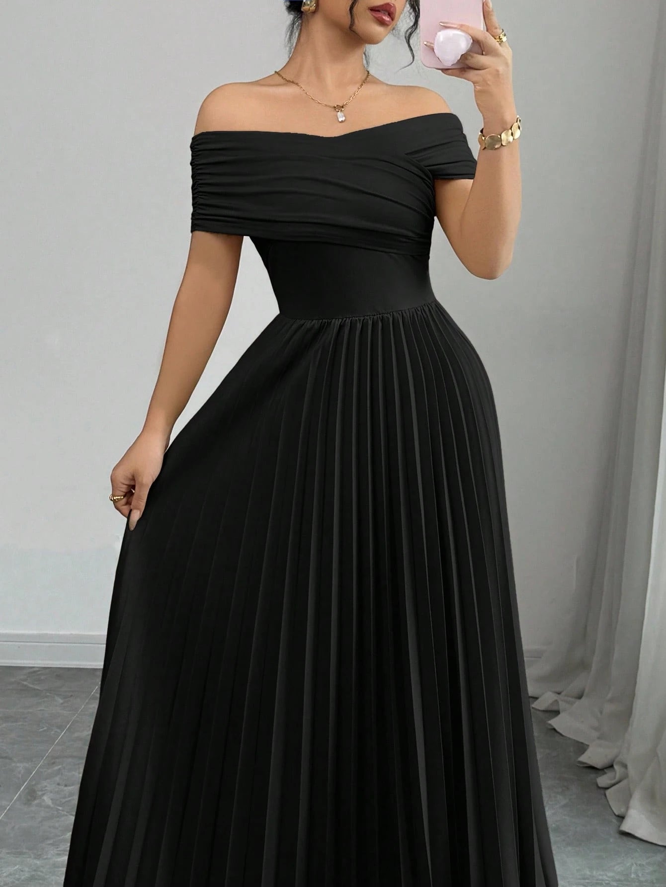 Off Shoulder Pleated Waist Elegant Dress