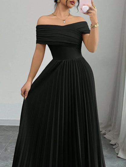 Off Shoulder Pleated Waist Elegant Dress