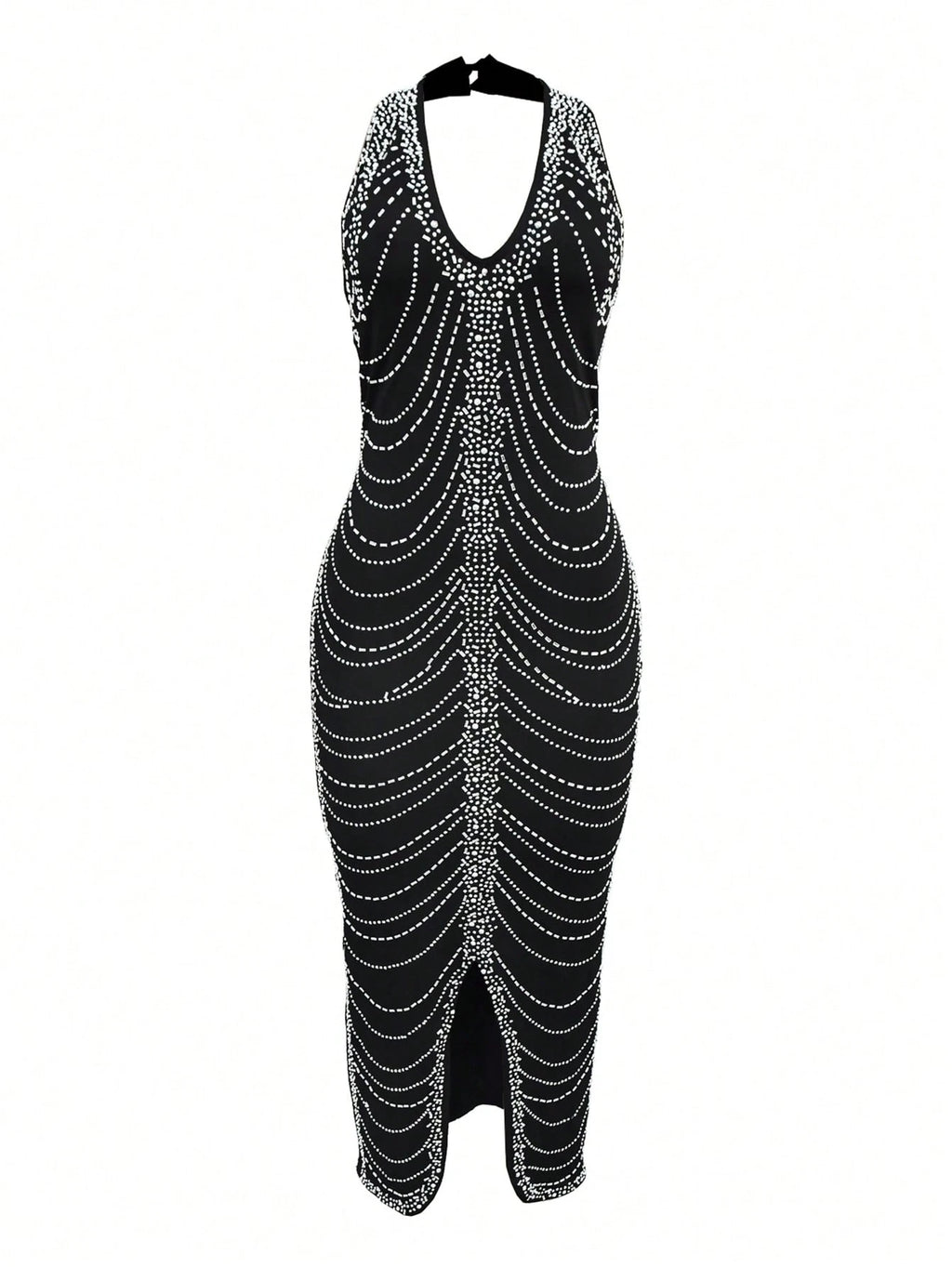 Black dress with silver beading on a white background