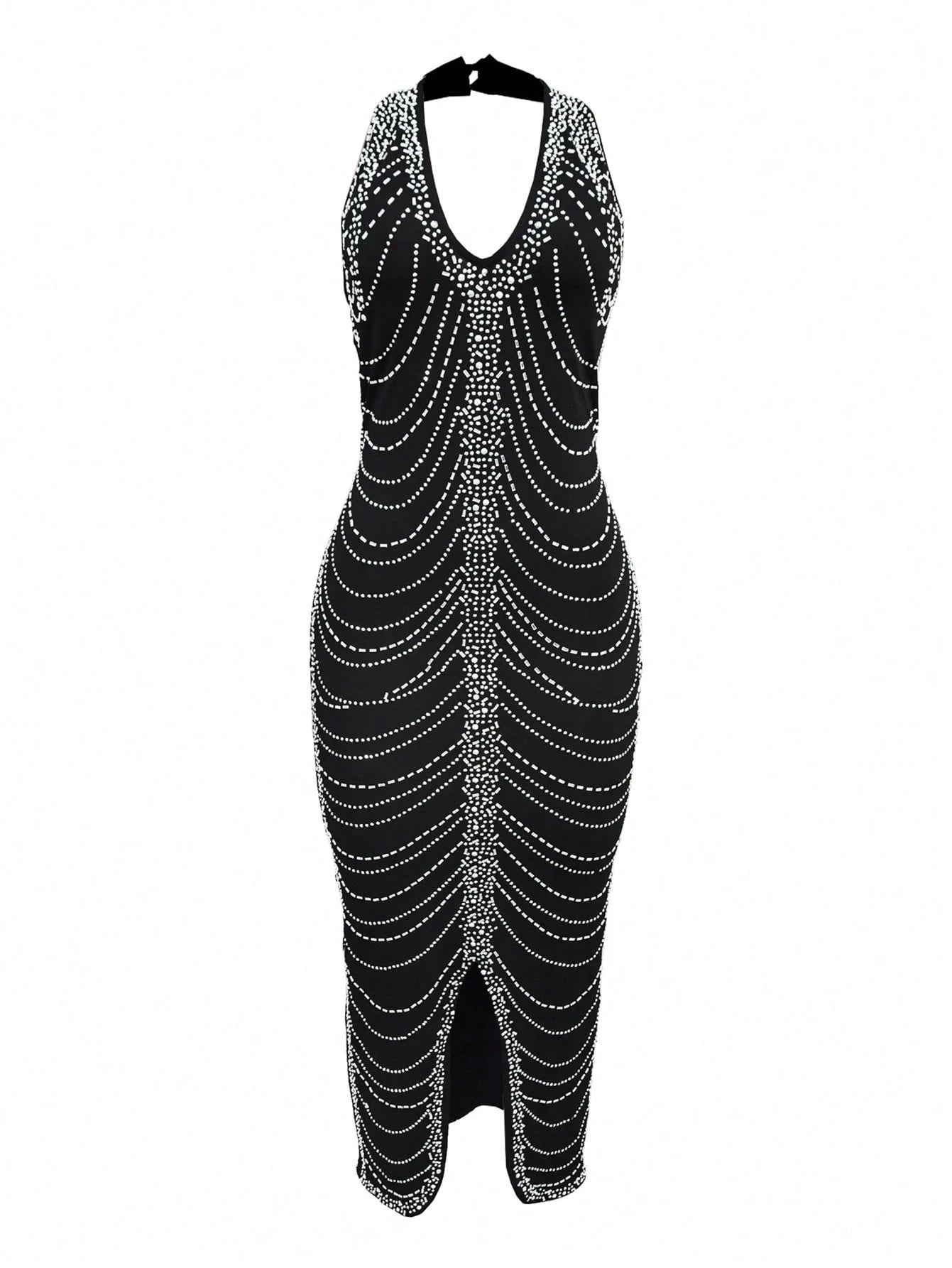 Black dress with silver beading on a white background