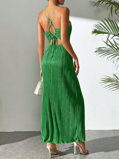 Drawstring Ruffle Backless Cross Straps Maxi Dress