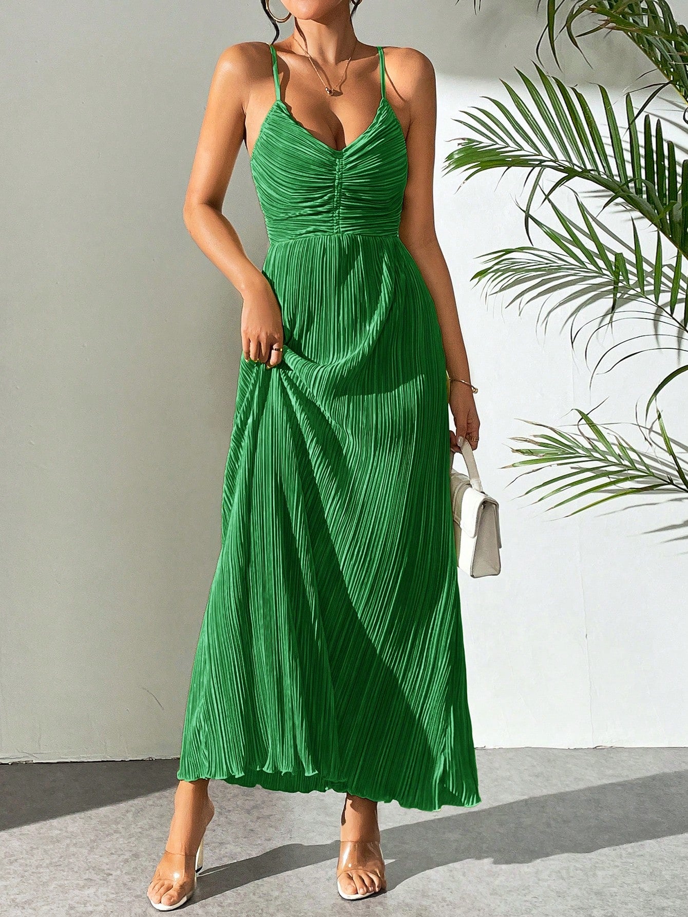 Drawstring Ruffle Backless Cross Straps Maxi Dress