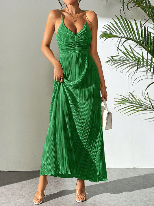 Drawstring Ruffle Backless Cross Straps Maxi Dress