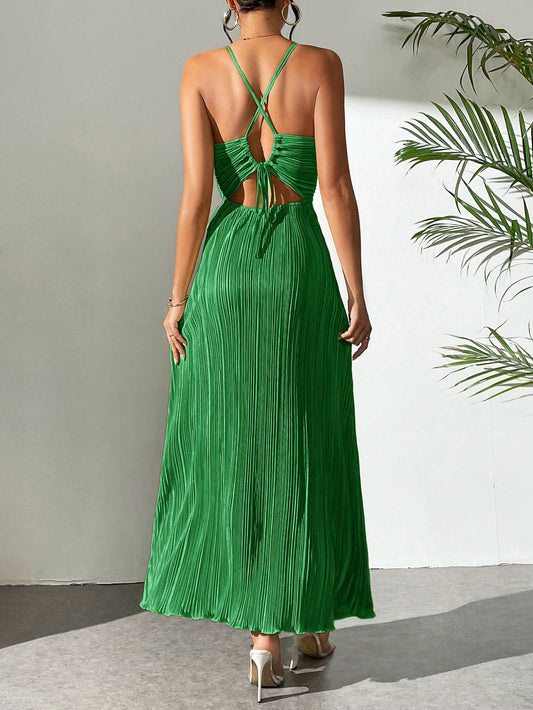 Drawstring Ruffle Backless Cross Straps Maxi Dress