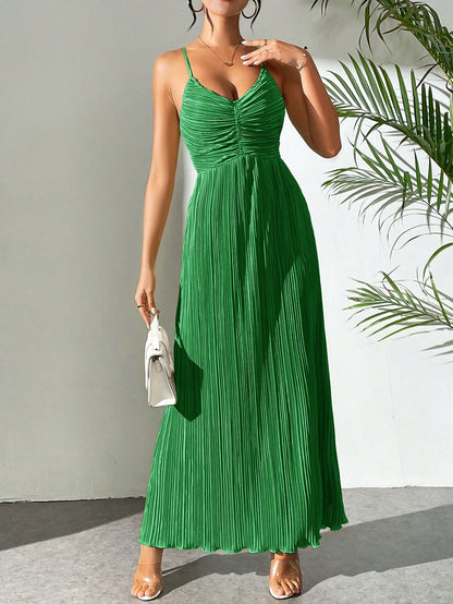 Drawstring Ruffle Backless Cross Straps Maxi Dress