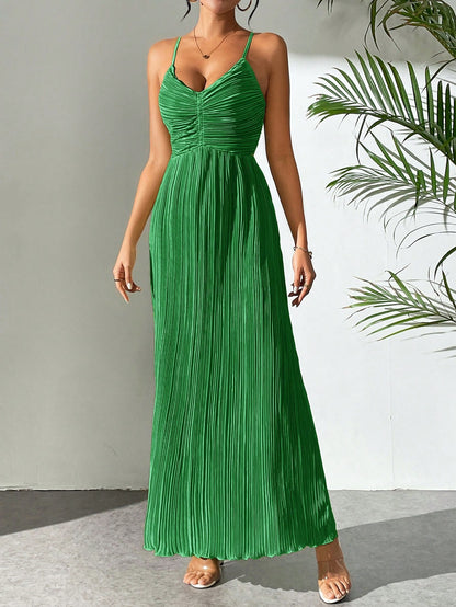 Drawstring Ruffle Backless Cross Straps Maxi Dress