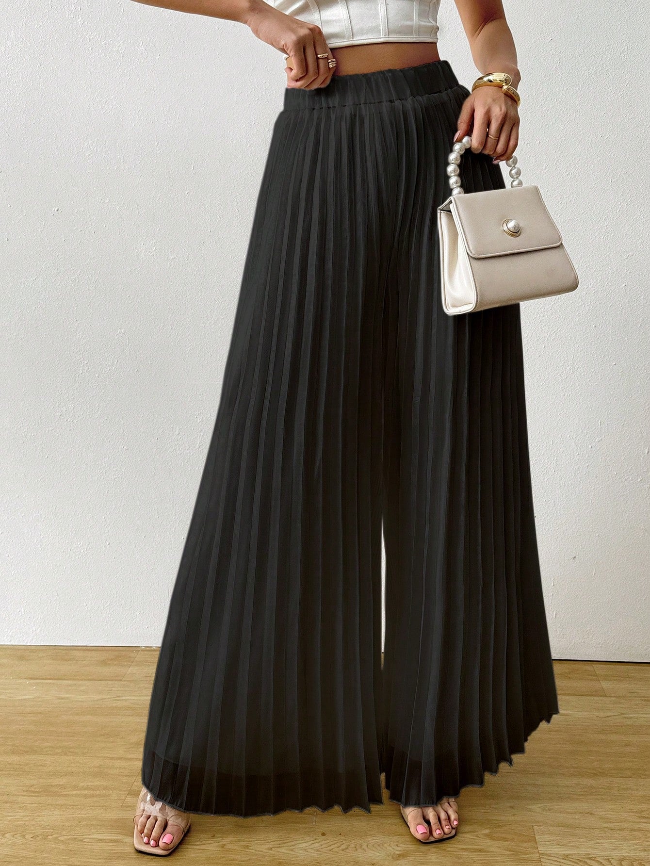 Satin Pleated Long Wide Leg Pants