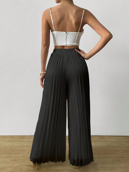 Satin Pleated Long Wide Leg Pants