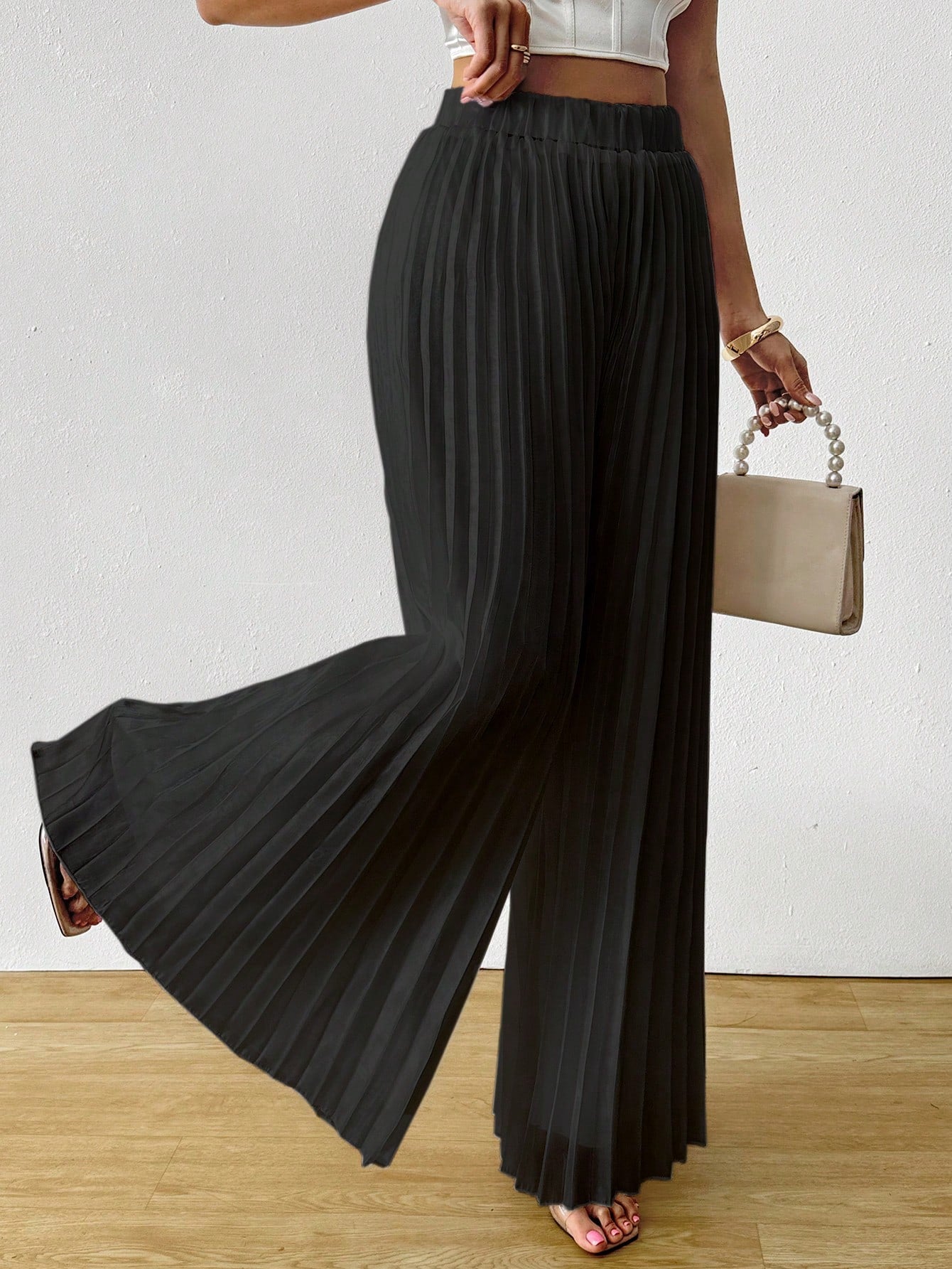 Satin Pleated Long Wide Leg Pants