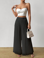 Satin Pleated Long Wide Leg Pants
