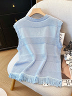 Textured Patchwork Shell Trim Fringed Hem Knit Tank Top