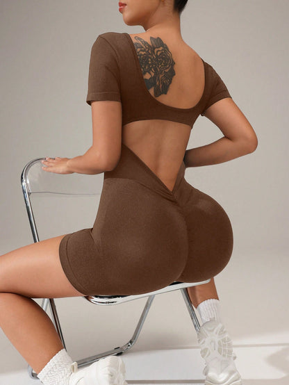 Solid Backless Short Sleeve Romper Jumpsuit