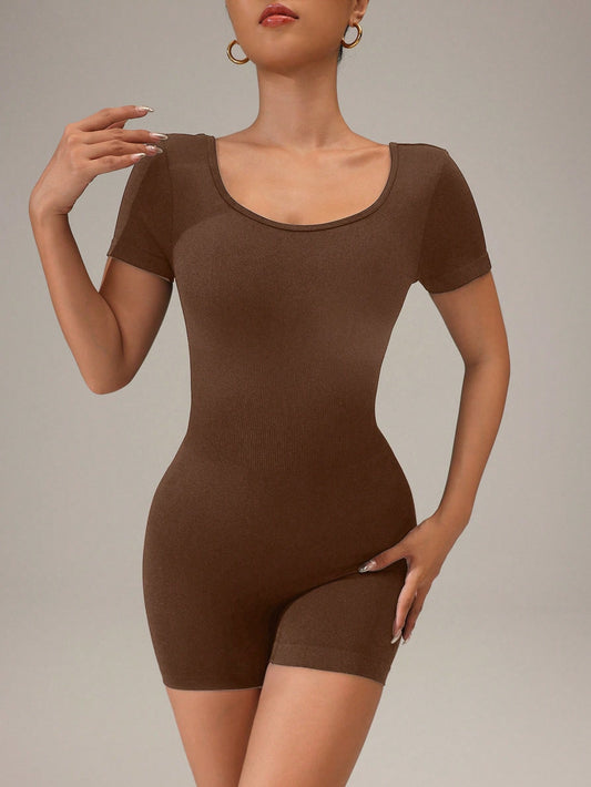 Solid Backless Short Sleeve Romper Jumpsuit