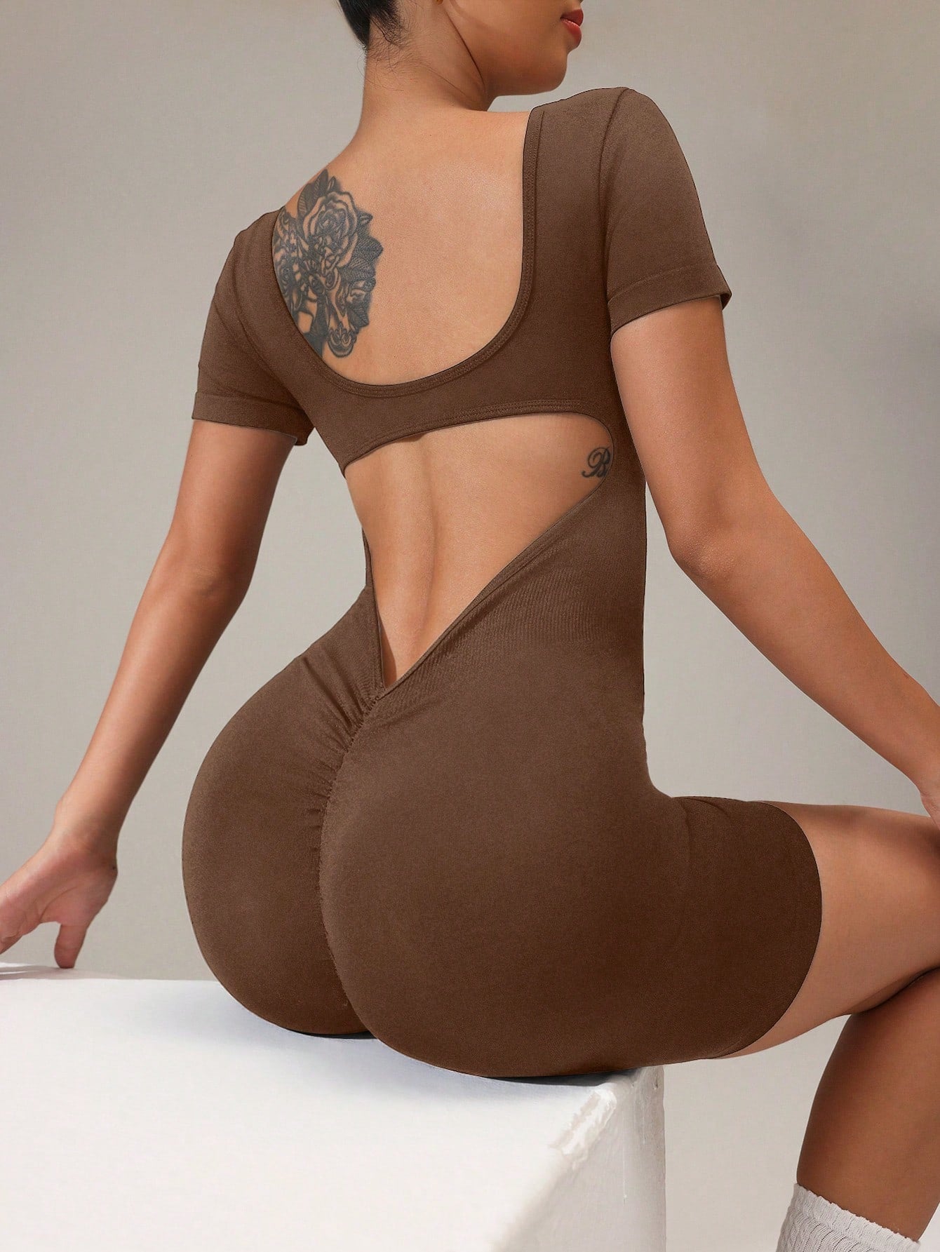 Solid Backless Short Sleeve Romper Jumpsuit