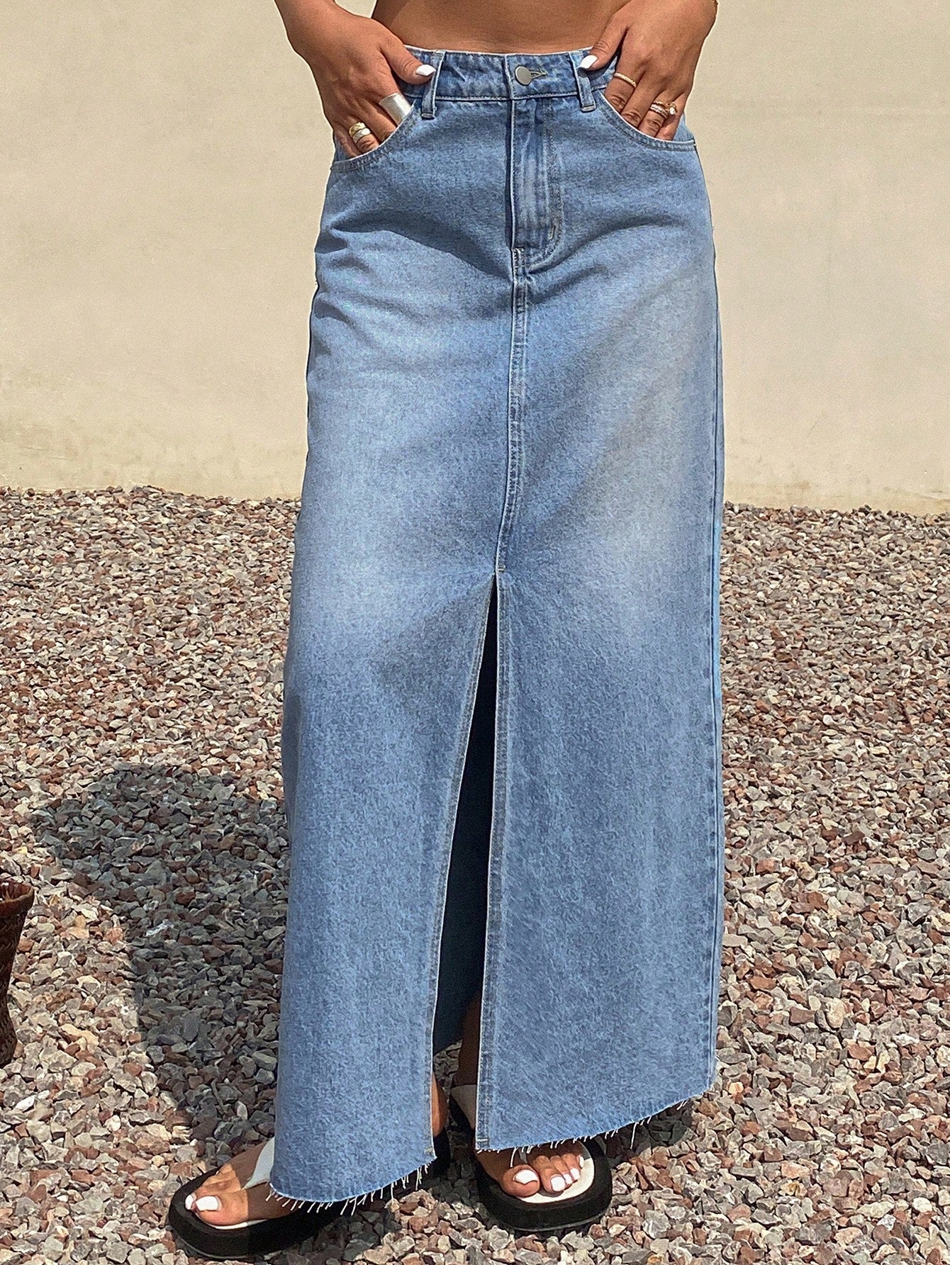 Raw Hem Split Thigh Denim Skirt