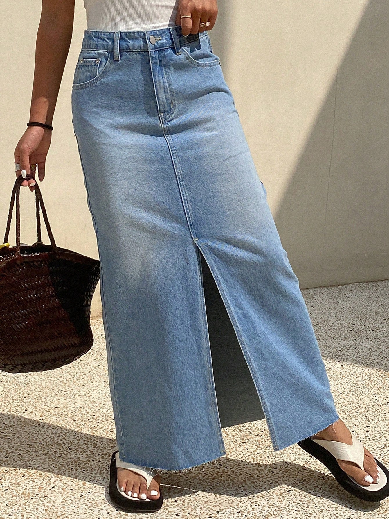 Raw Hem Split Thigh Denim Skirt