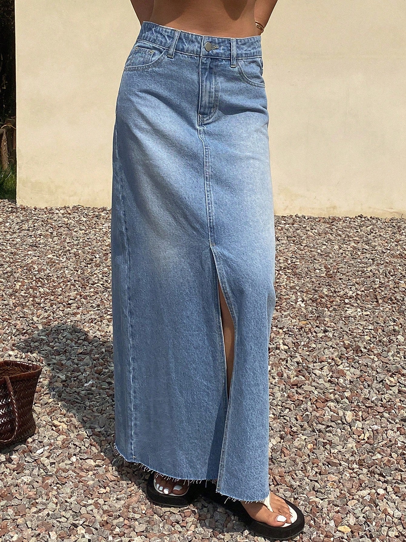 Raw Hem Split Thigh Denim Skirt