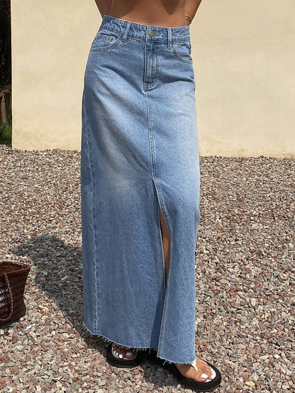 Raw Hem Split Thigh Denim Skirt