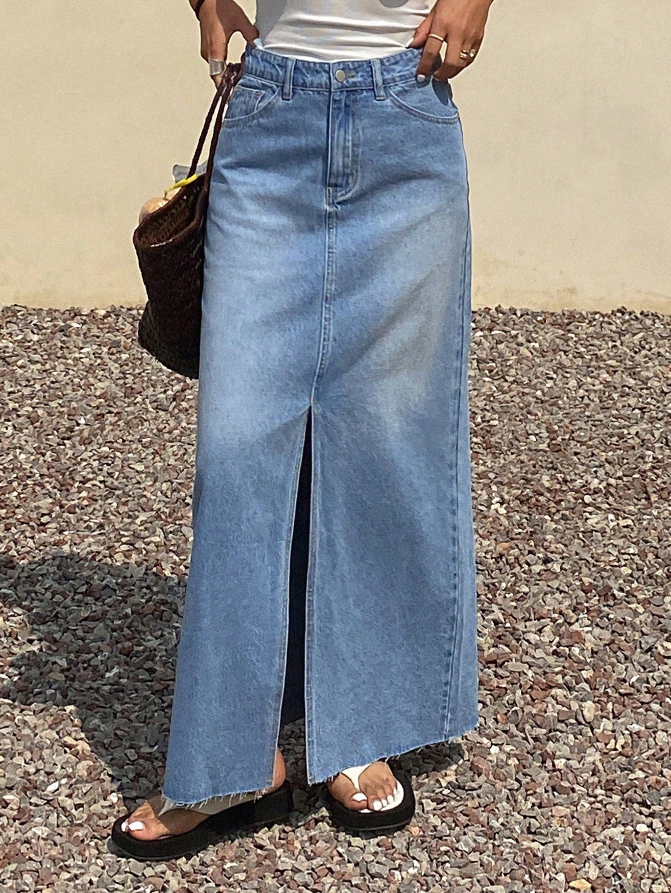 Raw Hem Split Thigh Denim Skirt