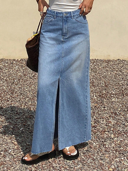 Raw Hem Split Thigh Denim Skirt