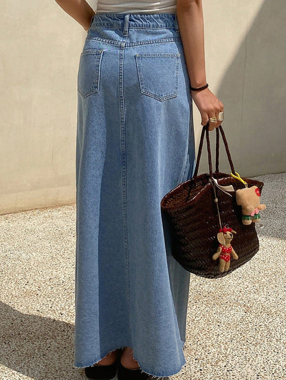 Raw Hem Split Thigh Denim Skirt