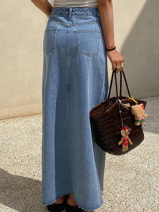 Raw Hem Split Thigh Denim Skirt