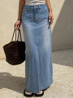 Raw Hem Split Thigh Denim Skirt
