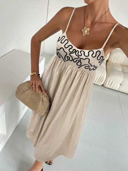 Embroidered Casual Long Slip Dress