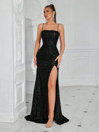 Lace-Up Back High Slit Cami Maxi Dress