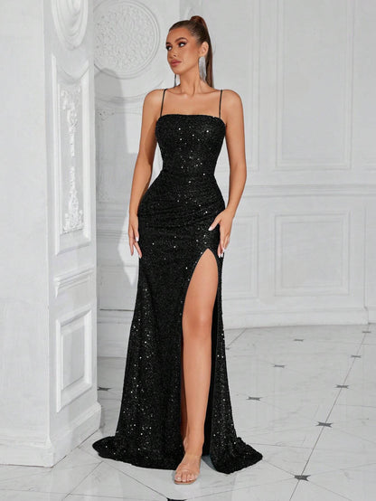 Lace-Up Back High Slit Cami Maxi Dress