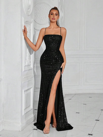 Lace-Up Back High Slit Cami Maxi Dress
