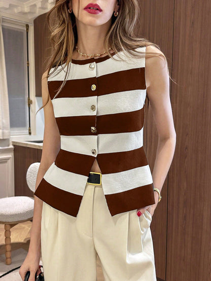 Stripe Asymmetrical Round Neck Fitted Knit Top