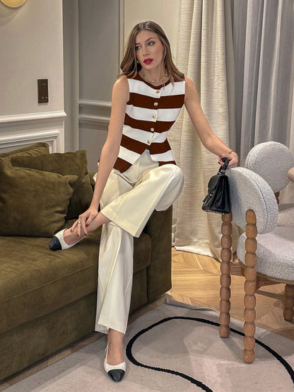 Stripe Asymmetrical Round Neck Fitted Knit Top