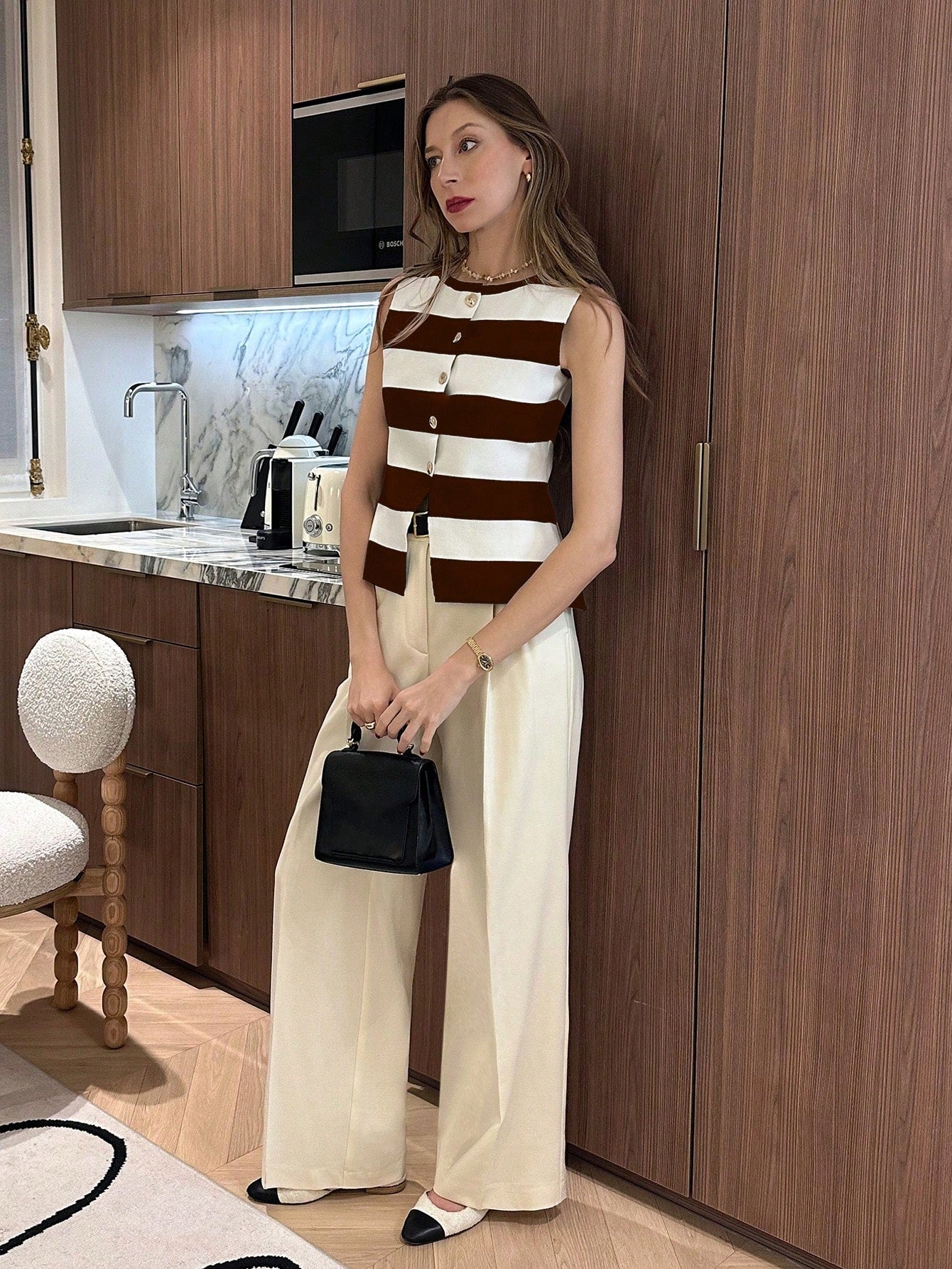 Stripe Asymmetrical Round Neck Fitted Knit Top