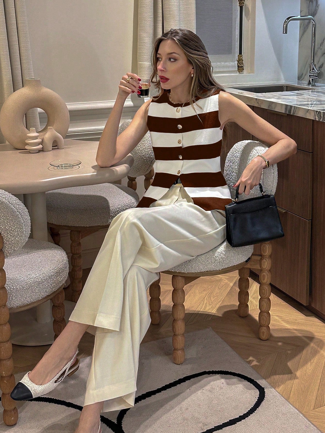 Stripe Asymmetrical Round Neck Fitted Knit Top