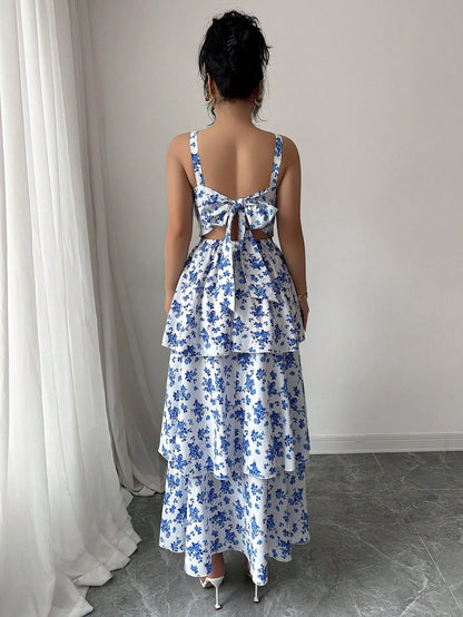 Elegant Sleeveless Strap Floral Maxi Dress