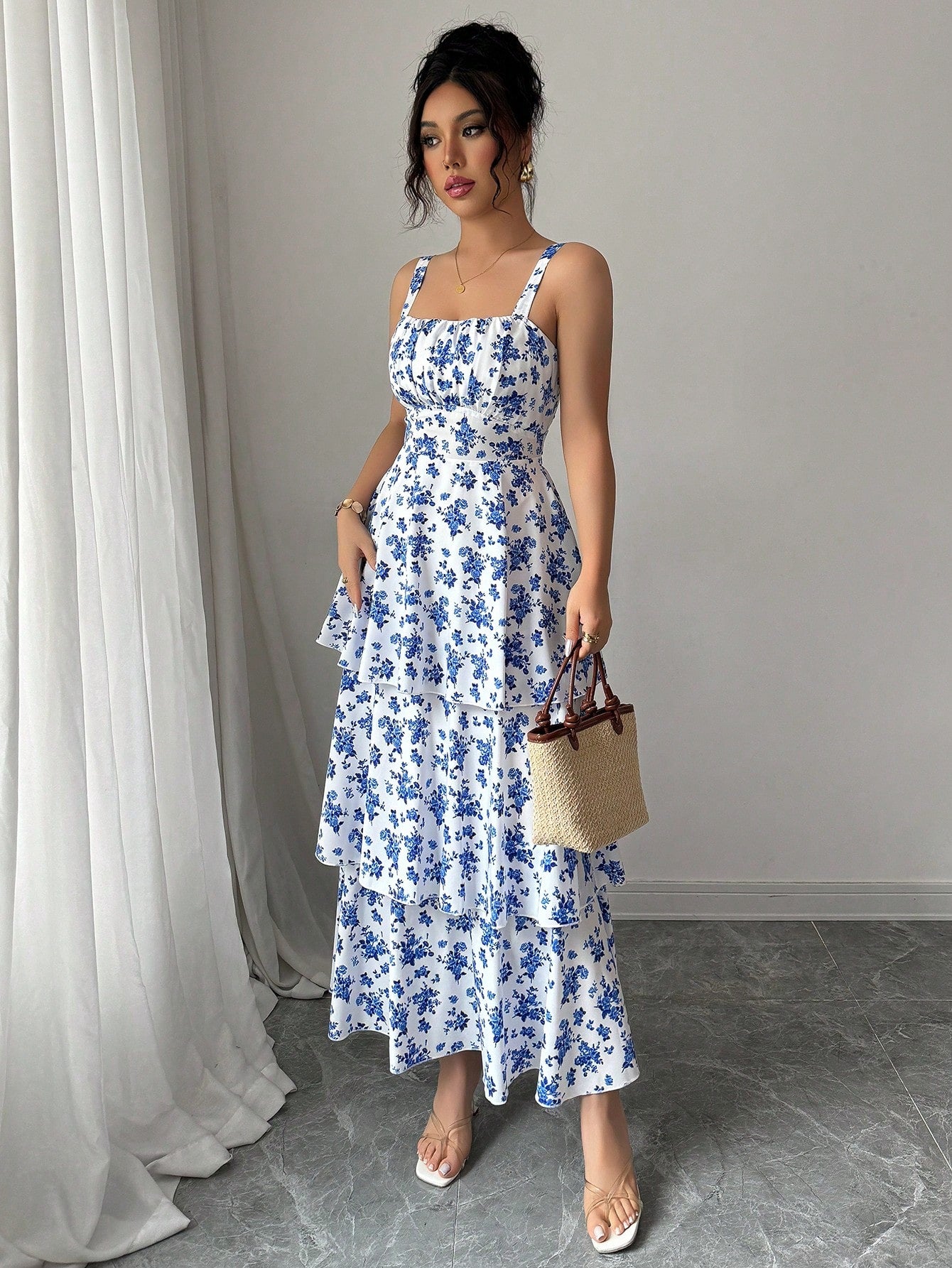 Elegant Sleeveless Strap Floral Maxi Dress