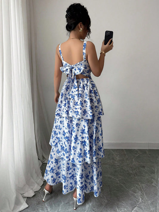 Elegant Sleeveless Strap Floral Maxi Dress