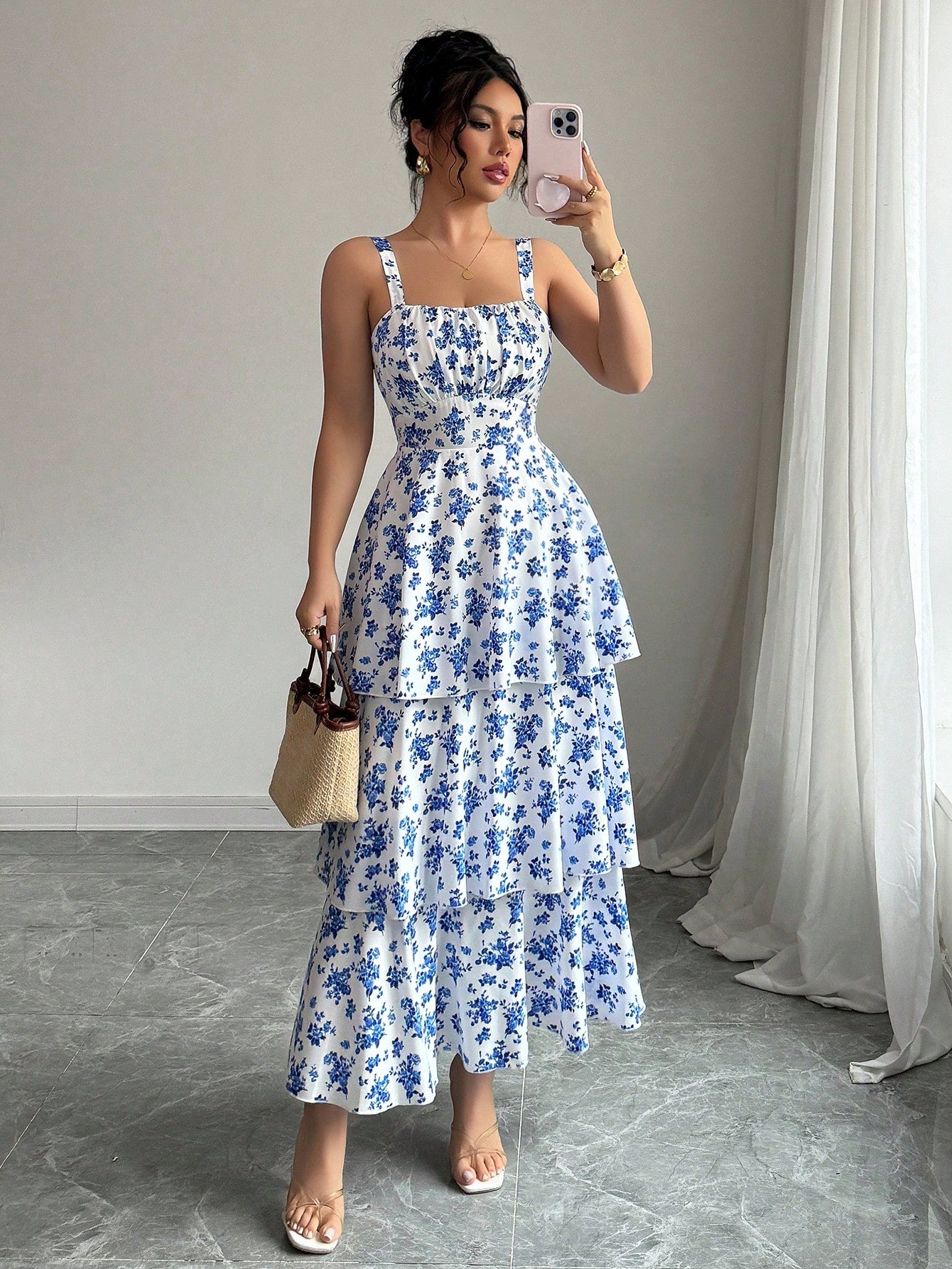 Elegant Sleeveless Strap Floral Maxi Dress