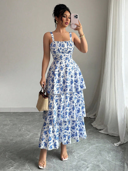 Elegant Sleeveless Strap Floral Maxi Dress