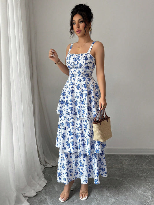 Elegant Sleeveless Strap Floral Maxi Dress