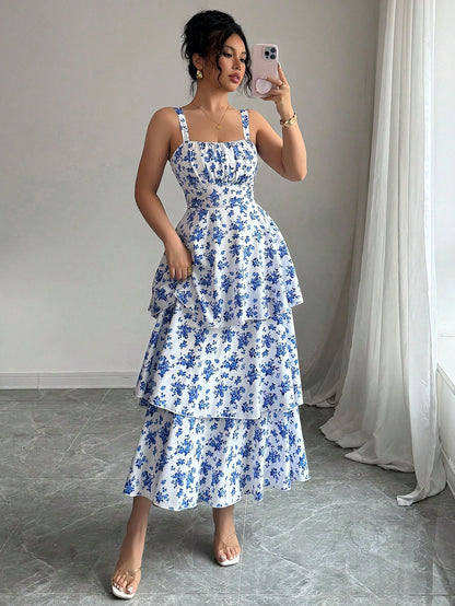 Elegant Sleeveless Strap Floral Maxi Dress