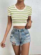 Striped Round Neck Short Sleeve Knit Top