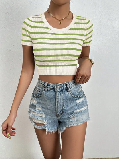 Striped Round Neck Short Sleeve Knit Top
