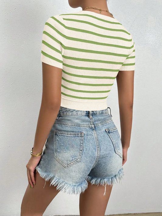 Striped Round Neck Short Sleeve Knit Top