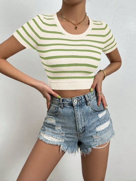 Striped Round Neck Short Sleeve Knit Top