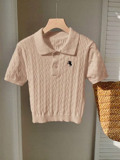 Casual Embroidery Detail Short Sleeve Knit Top