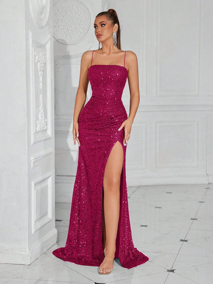 Lace-Up Back High Slit Cami Maxi Dress
