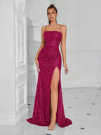 Lace-Up Back High Slit Cami Maxi Dress